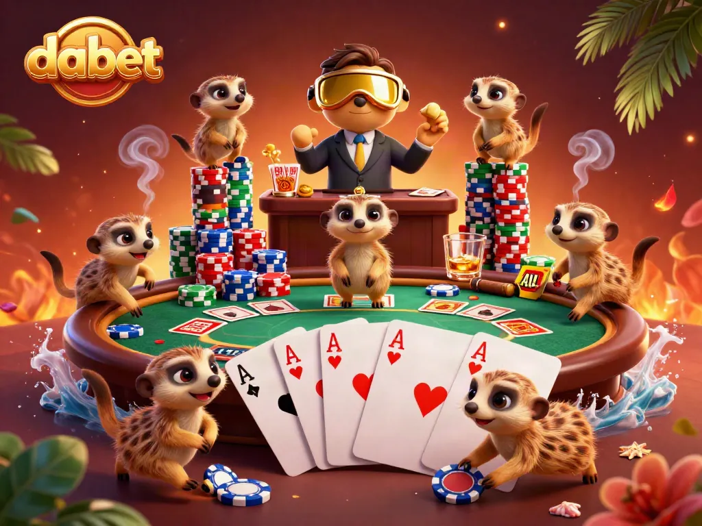 Dabet casino meerkats managing a poker game with colorful chips, cards, and casino elements.