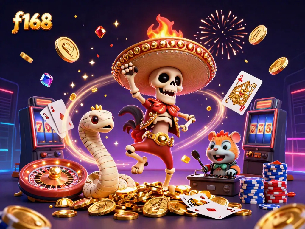 Engaging scene of f168 featuring a lively mariachi rooster on golden coins surrounded by casino elements.