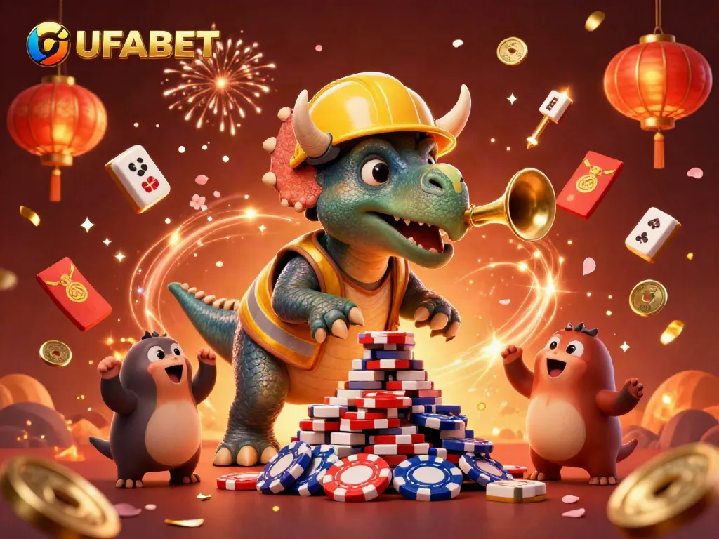 Engage with UFABET's gaming experience featuring a triceratops building poker chips amidst a celebration of fortune.