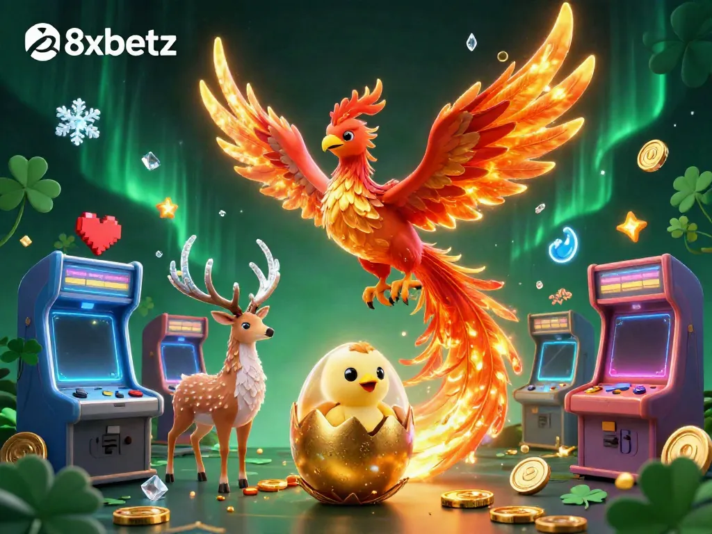 Experience thrilling gaming action with 8xbetz, featuring a vibrant phoenix and mystical stag in an immersive casino environment.