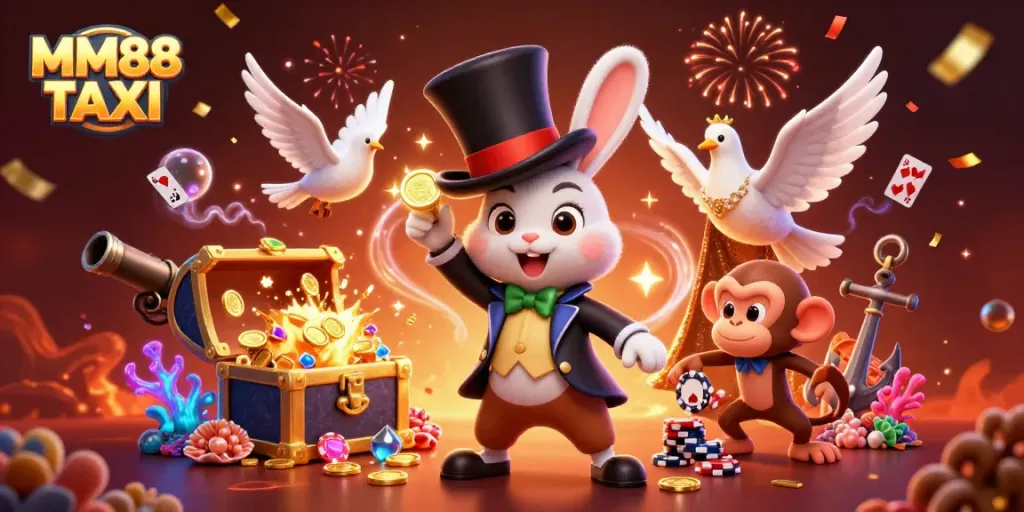 Engage with MM88 TAXI's magical experience featuring a rabbit magician, dove, and monkey amid casino elements.