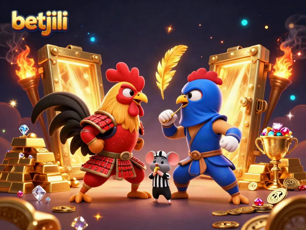Engage with betjili's thrilling gaming scene featuring dramatic rooster duel in a vibrant casino backdrop.