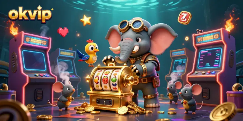 Experience the excitement of okvip with vibrant 3D casino elements and characters in action.