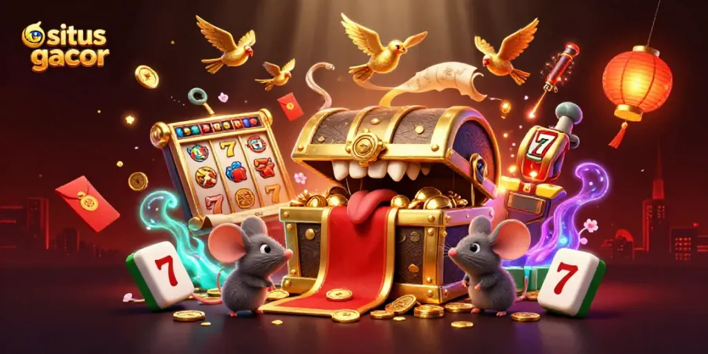 Engage in situs slot gacor adventures with a golden treasure chest and slot reels promising riches.