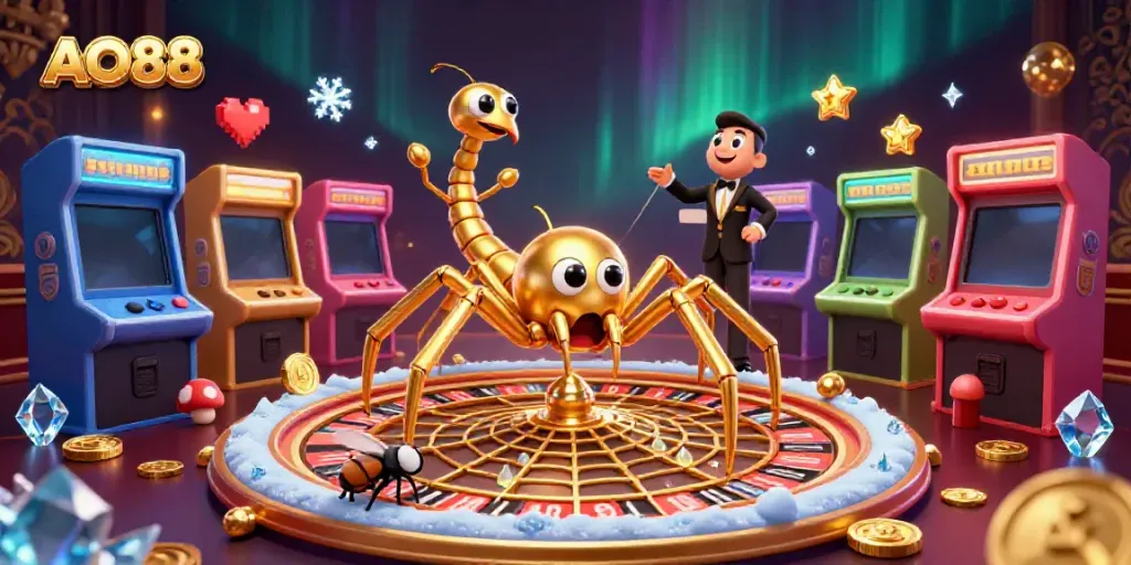AO88 showcases a thrilling roulette-inspired scene with a golden spider and centipede croupier.