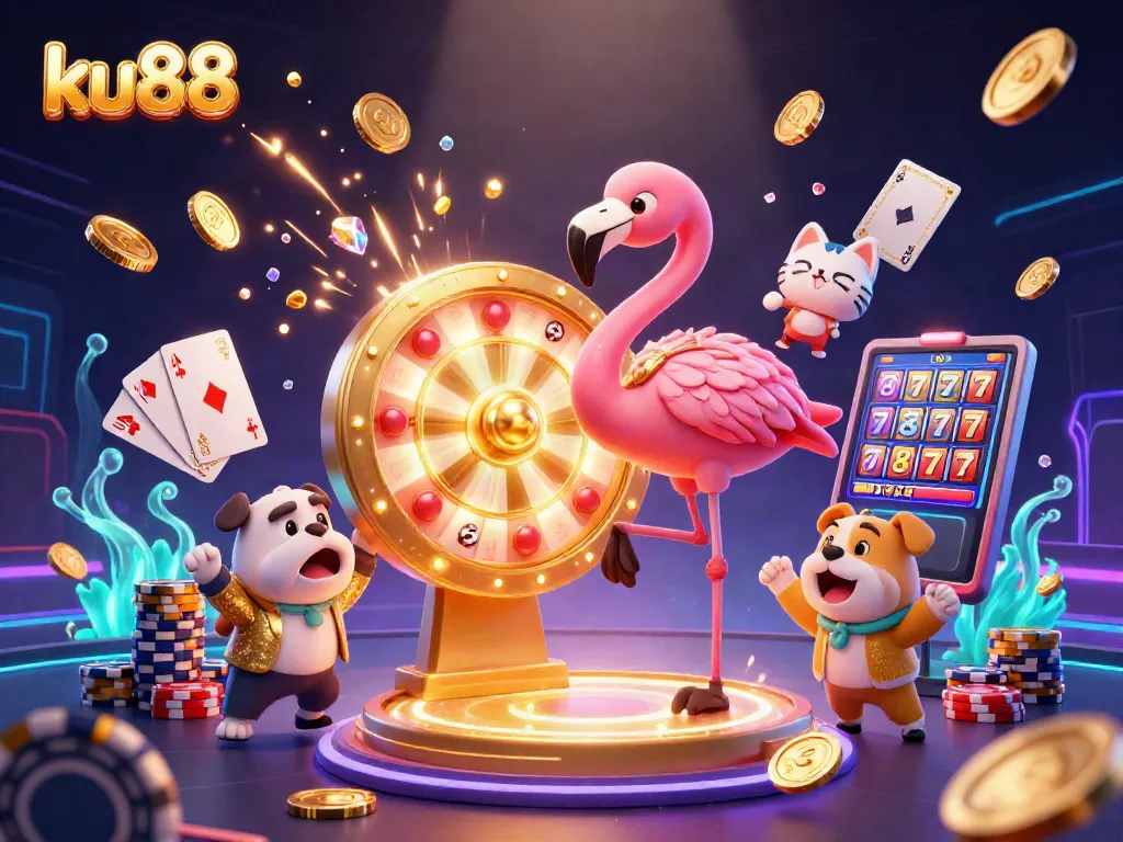 Spin to win at ku88 with an exciting game show scene featuring vibrant casino elements.