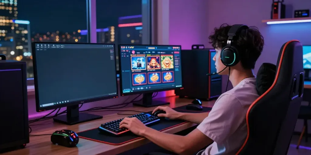 Engaged player enjoying situs slot777 experience in a high-tech gaming setup.