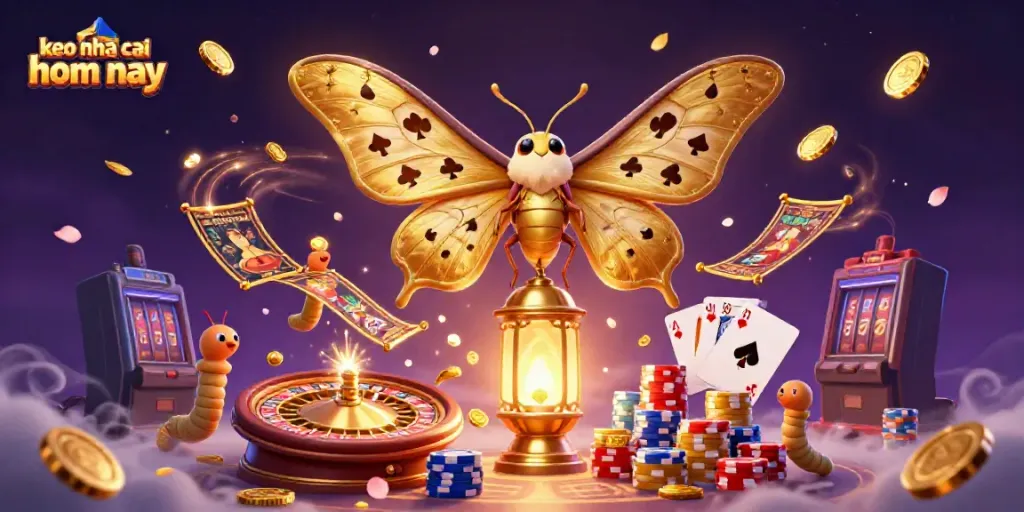Engaging scene with keo nha cai hom nay showcasing a golden atlas moth, casino motifs, and dynamic betting elements.