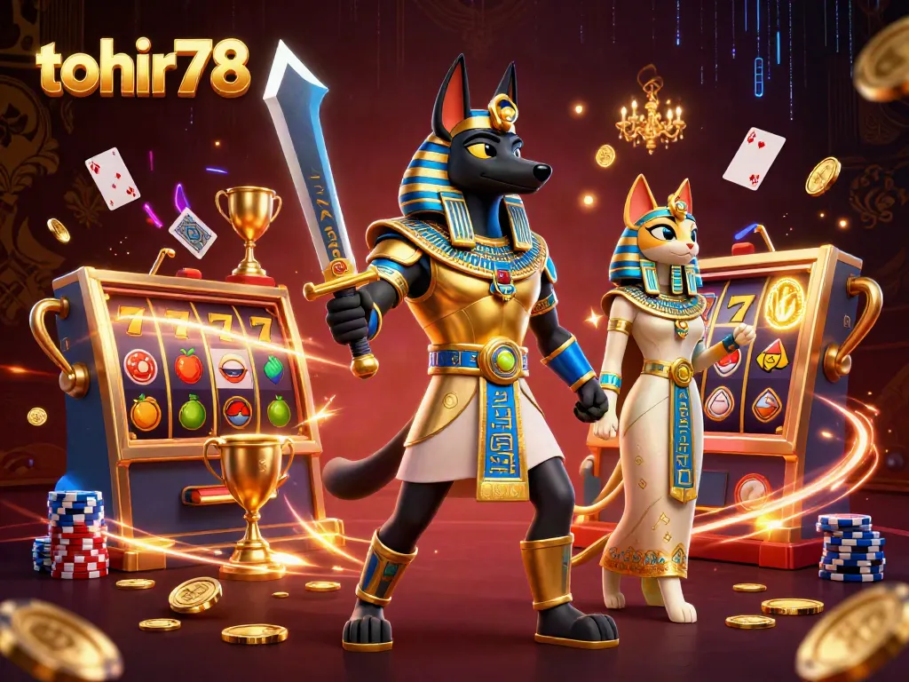 Experience excitement at tohir78 with a packed scene of ancient Egypt alongside vibrant slot machines and gaming elements.