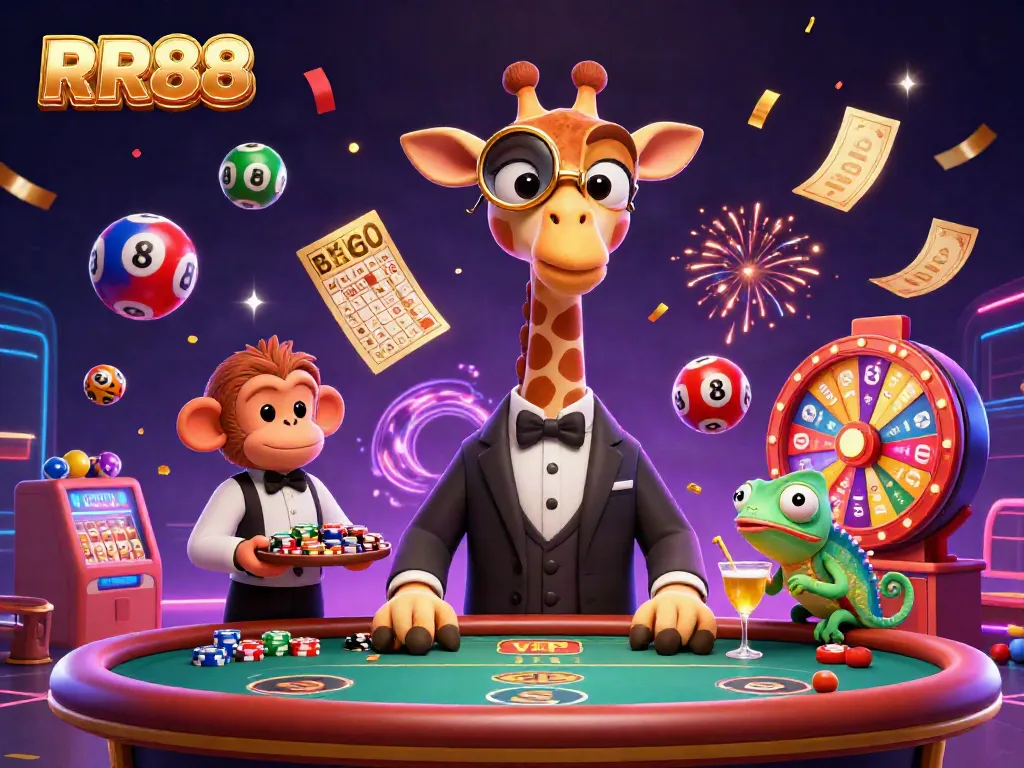 Experience the vibrant atmosphere of RR88 as a high-roller giraffe and friends engage in dynamic casino fun.