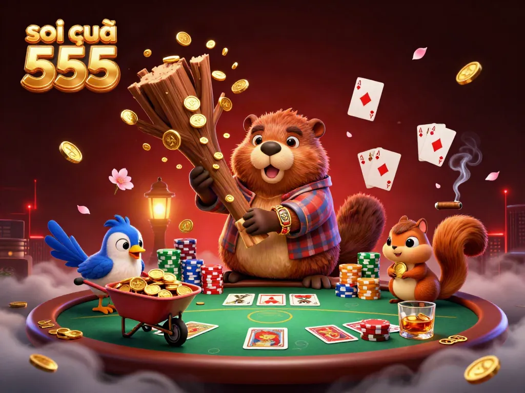 Engage with soi cầu 555 as a cartoon beaver collects coins amidst a vibrant casino atmosphere.