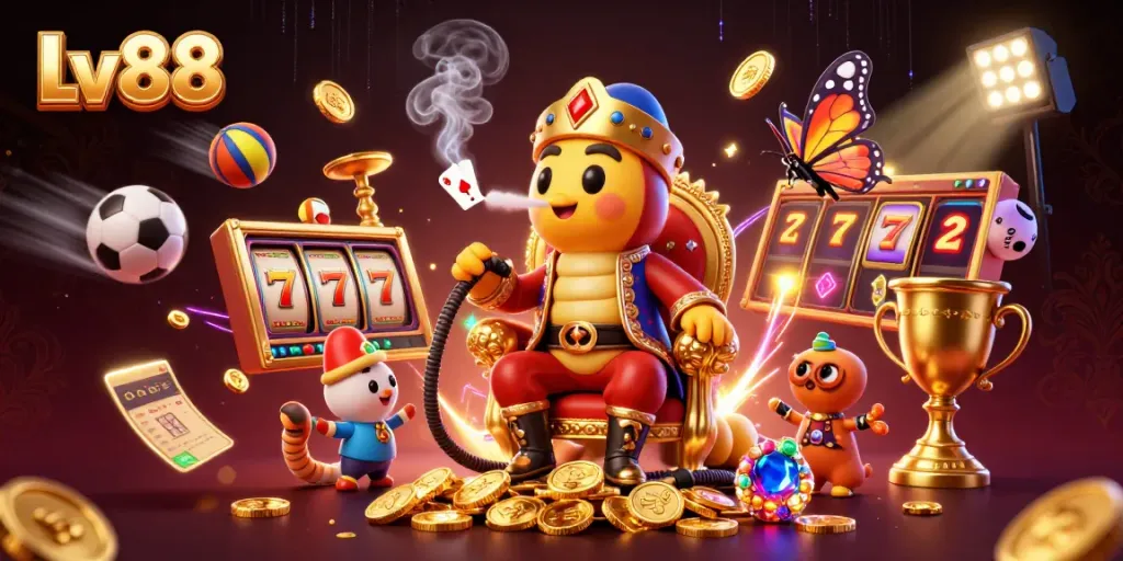 Experience exciting gaming with Lv88 featuring a vibrant, animated casino scene packed with colorful elements and gaming symbols.