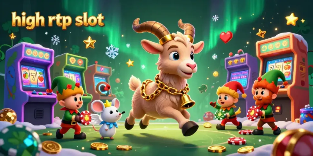 Engage with high RTP slot gameplay in a whimsical 3D casino with festive characters and exciting game elements.