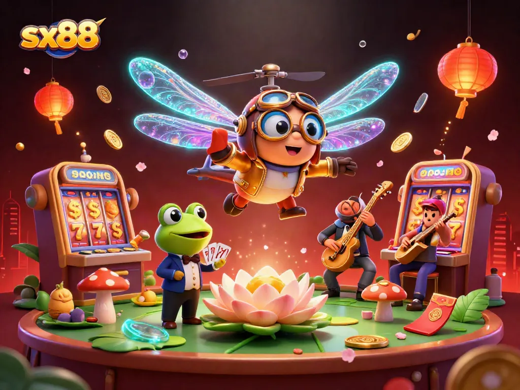 Sx88 engages players with a lively casino scene featuring slot machines, a dragonfly pilot, and a frog croupier.