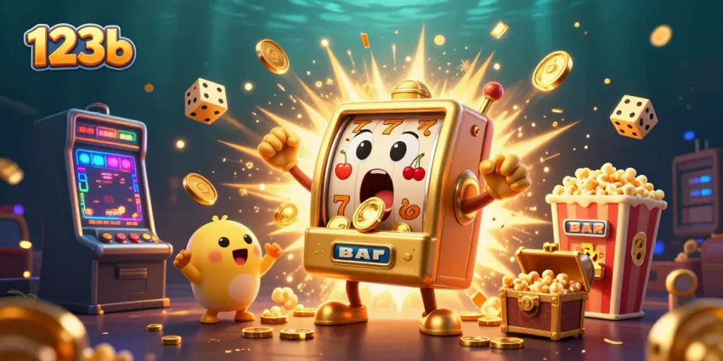 Experience the thrilling 123b jackpot explosion with celebrating slot machines and dynamic casino elements.