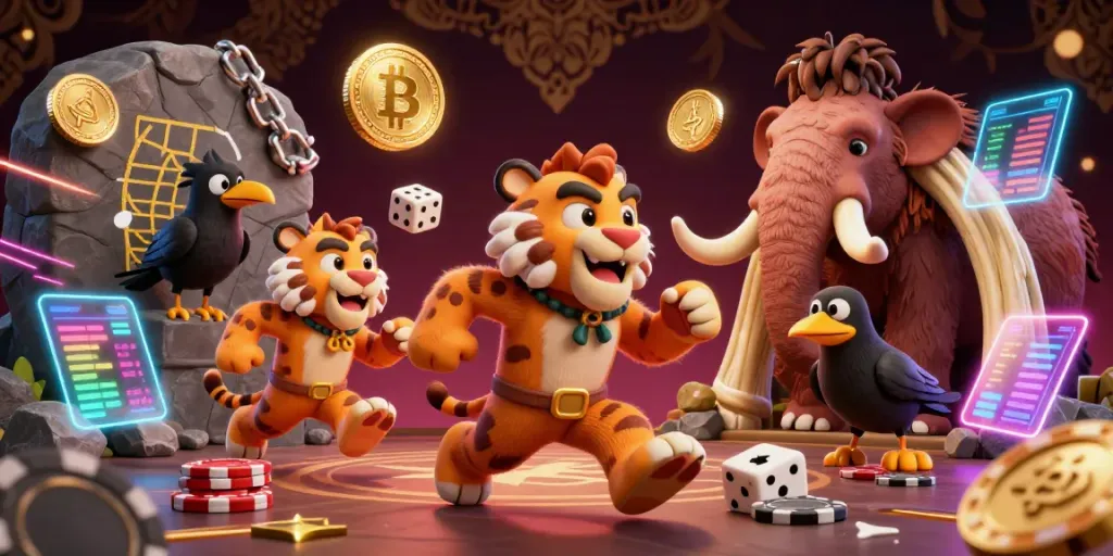 Gamble with Hi 88 in a vibrant prehistoric casino scene showcasing cartoon characters and crypto elements.