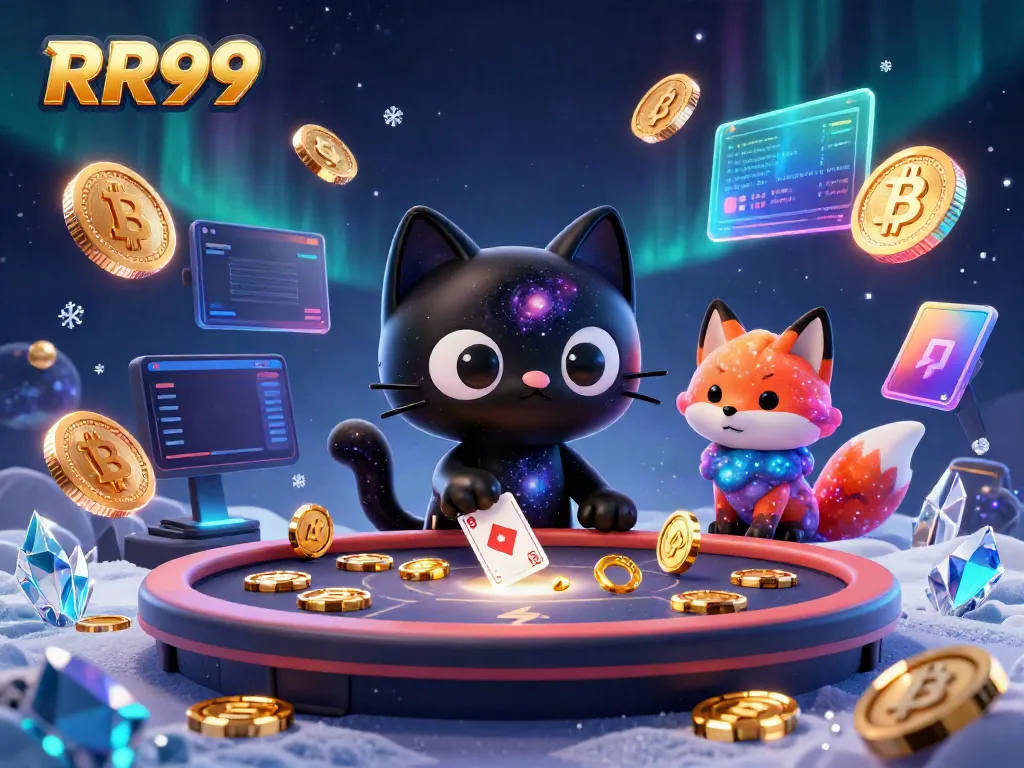 Experience RR99's cosmic casino with a charming black hole cat and vibrant nebula fox gathering winnings.