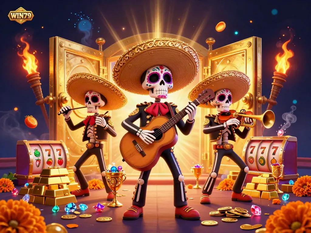 Exciting WIN79 casino scene with Day of the Dead mariachi band surrounded by treasures, featuring vibrant colors and energy.