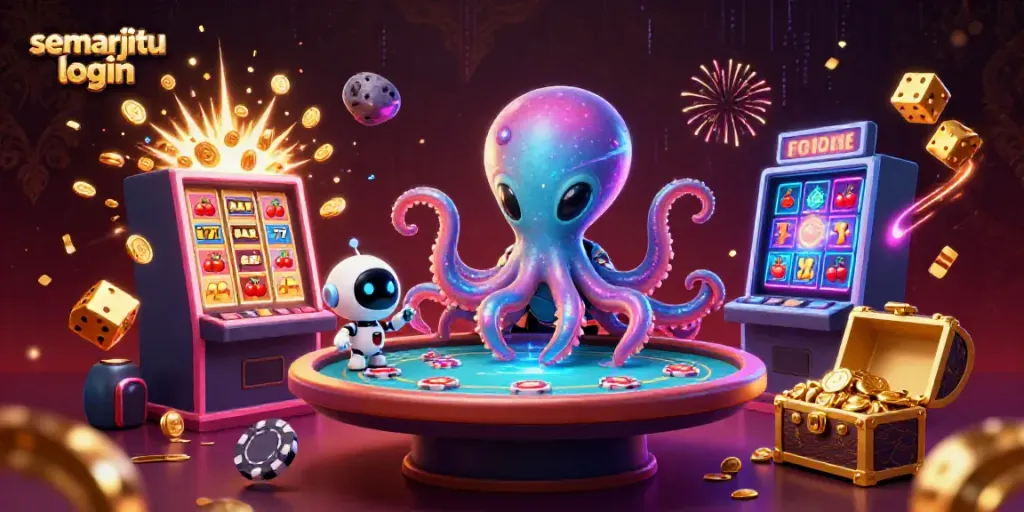 Permainan semarjitu login dengan alien gurita dan robot di meja poker hias, diliputi simbol jackpot