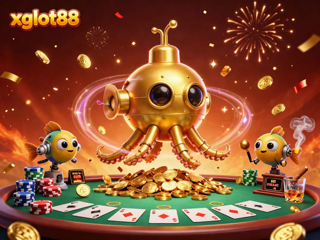 Xgslot88 menarik perhatian dengan ilustrasi kasino berwarna emas yang menampilkan kraken dan ikan mekanis di lautan koin.