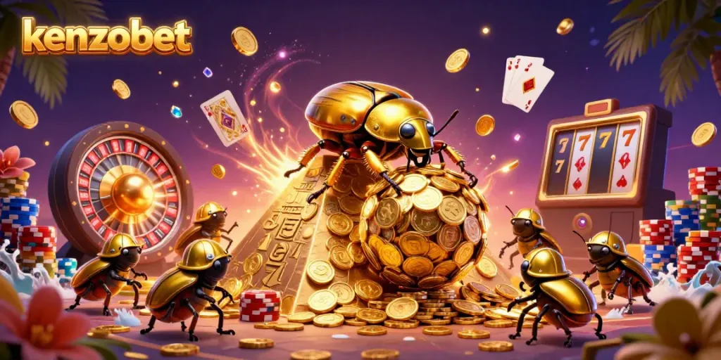 Experience kenzobet with a vibrant scene of cartoony beetles and casino elements full of animated excitement.