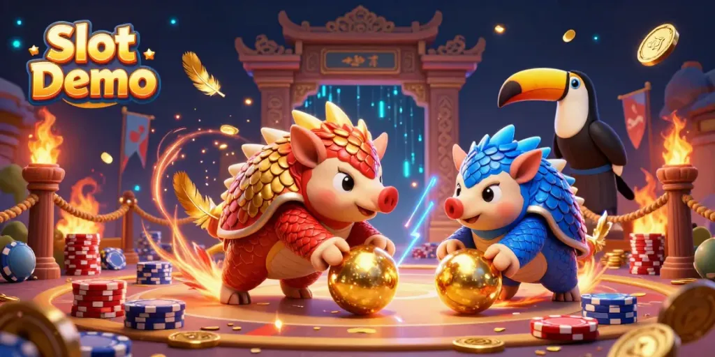 Engaging Slot Demo scene with rival pangolins rolling poker chips, dynamic gambling atmosphere.