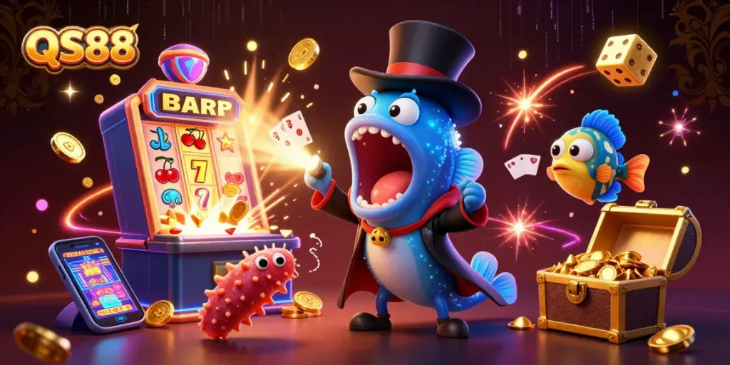 QS88 features a magical performance scene with a bioluminescent eel and casino elements.