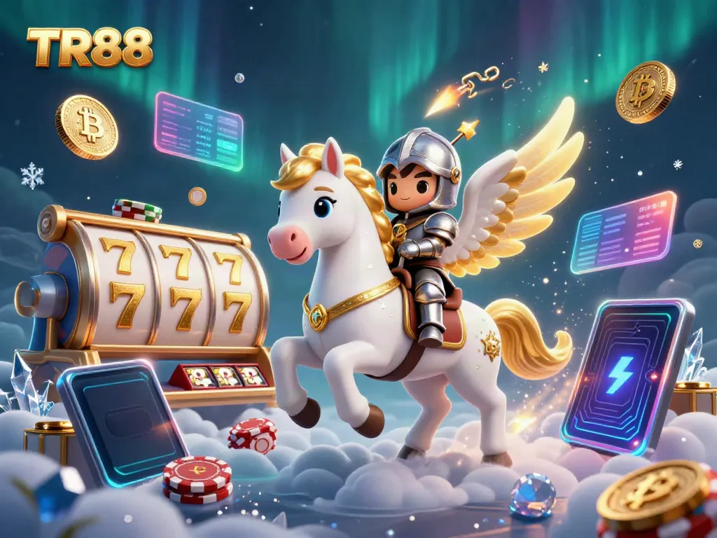 Experience the thrill of TR88 with a 3D illustration of a celestial horse and knight, surrounded by vibrant casino elements.