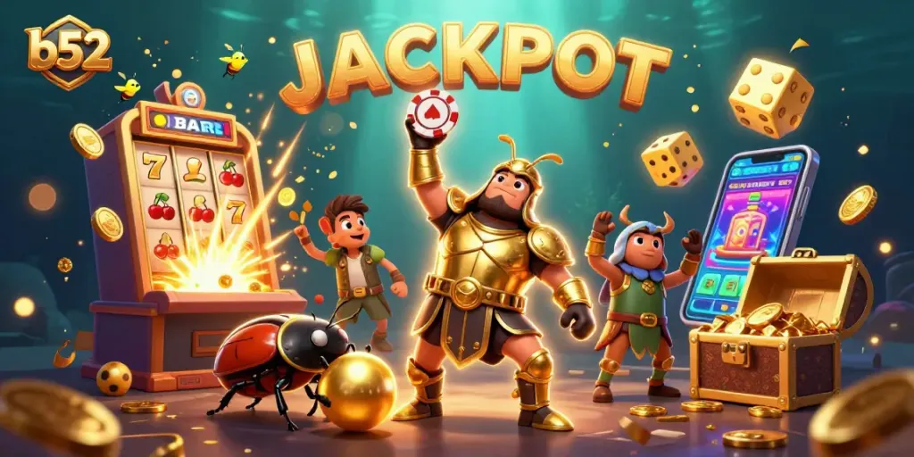 Experience b52 slots vibrantly showcased with cartoon insects celebrating a jackpot amid golden treasures.