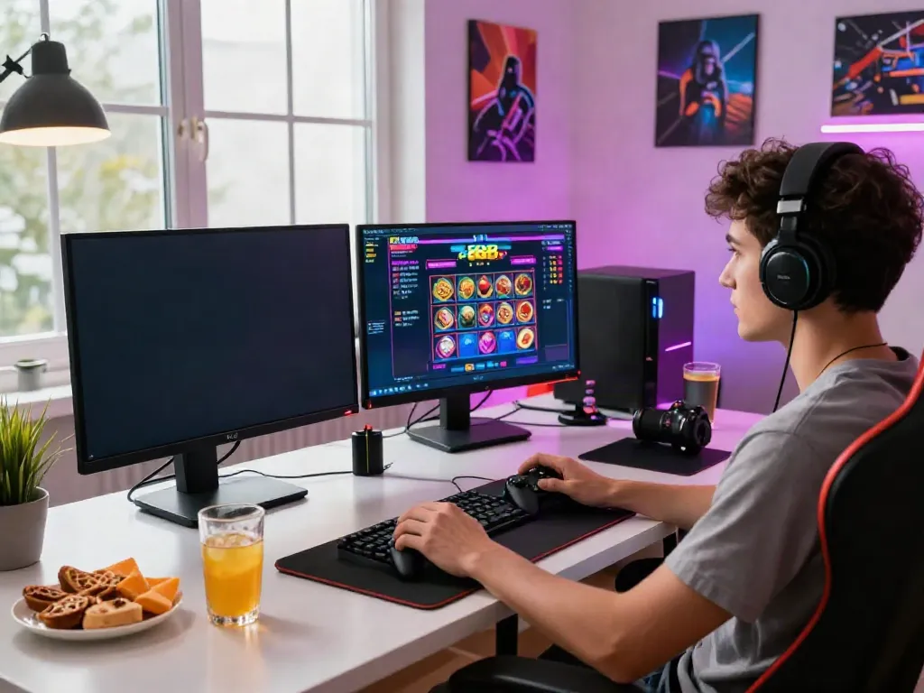 Exciting gaming setup featuring slot88 interface on modern desk with snacks and natural light.