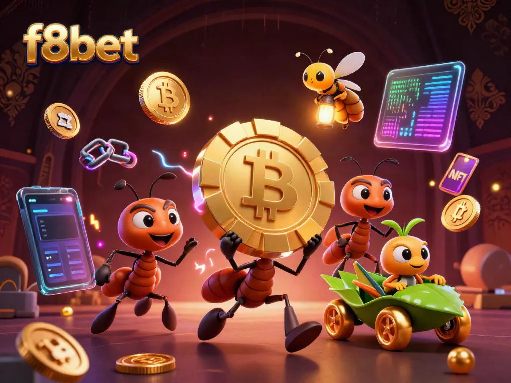 Experience thrilling f8bet action with ants heisting a giant poker chip filled with neon crypto coins.