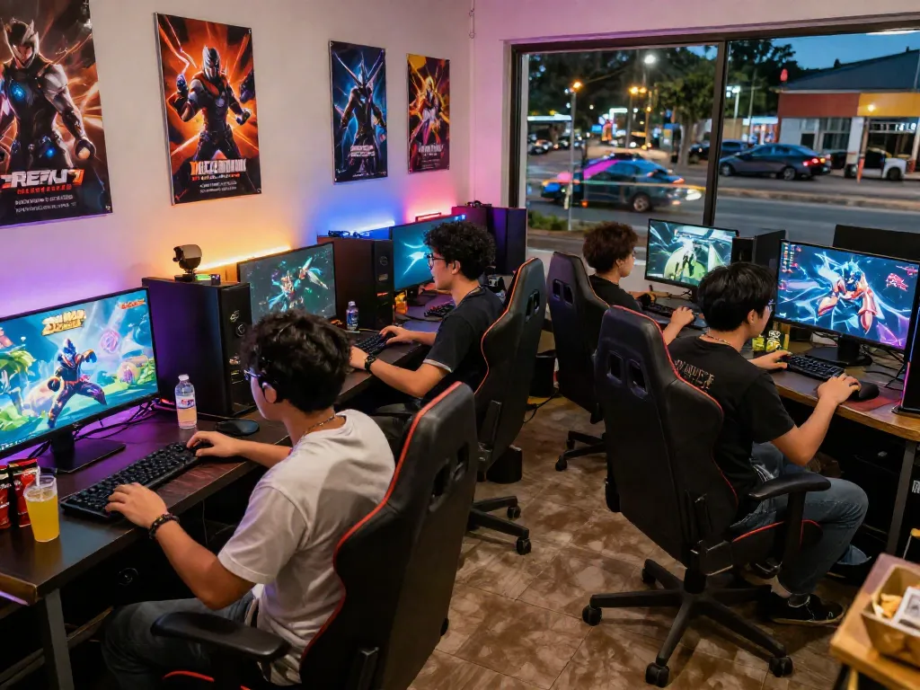 Engaged friends enjoying gaming community at warung168 with vibrant atmosphere and snacks.