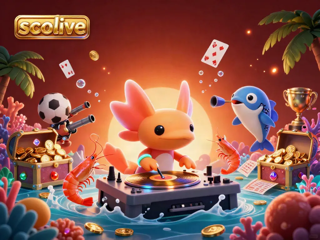 Socolive showcases a vibrant underwater gambling scene with a neon axolotl DJ and sports elements.