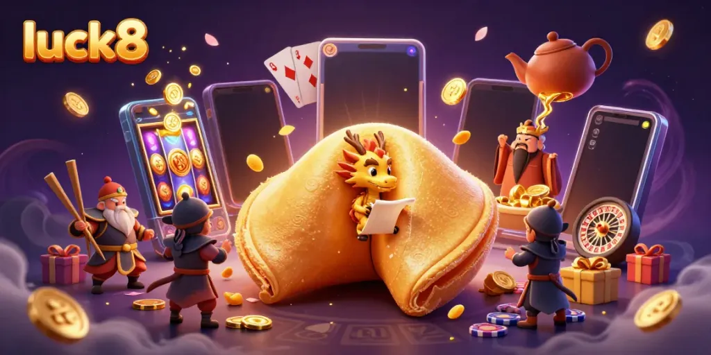 Experience the thrill of luck8 with a vibrant 3D casino scene featuring a golden fortune cookie and dynamic game elements.