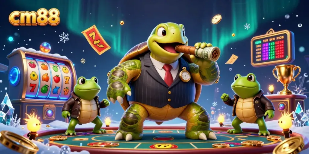 Experience cm88 with an energetic casino scene featuring a mobster turtle and friends.