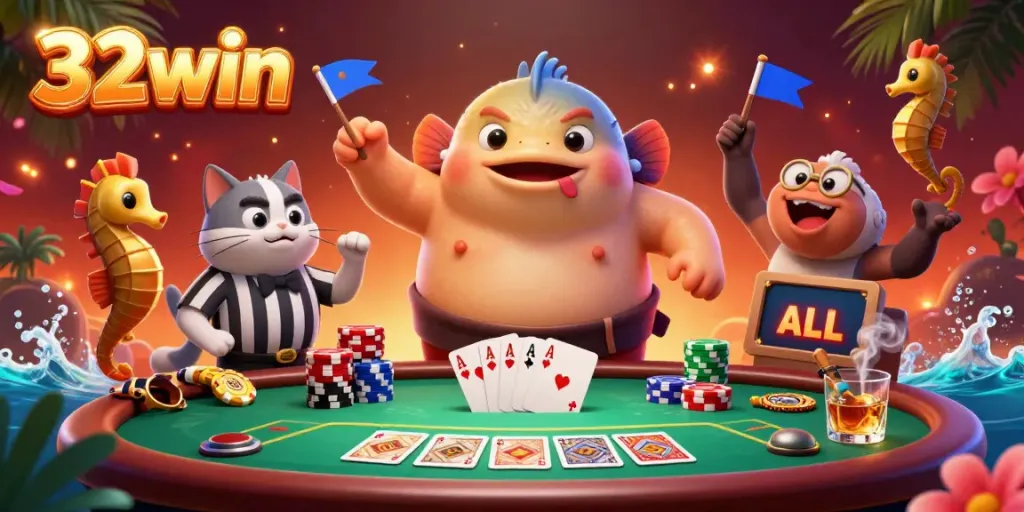Experience thrilling gameplay at 32win with a vibrant underwater casino scene featuring lively characters and dynamic poker action.