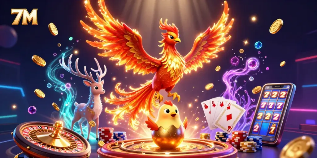 Experience exhilarating action with 7M as golden coins and colorful poker chips fly around dynamic characters.