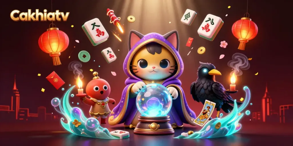 Cakhiatv mystic scene with a fortune teller cat, tarot raven, and dynamic casino elements.