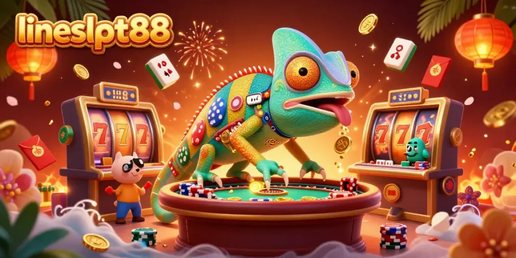 Engage with lineslot88 as the chameleon casino owner attracts coins amidst vibrant slot game elements.