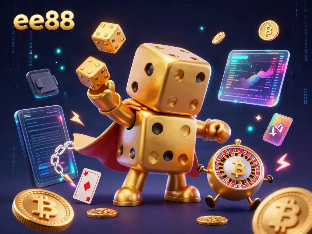 Engage with dynamic ee88 visuals featuring golden dice characters, poker elements, and cryptocurrency coins.