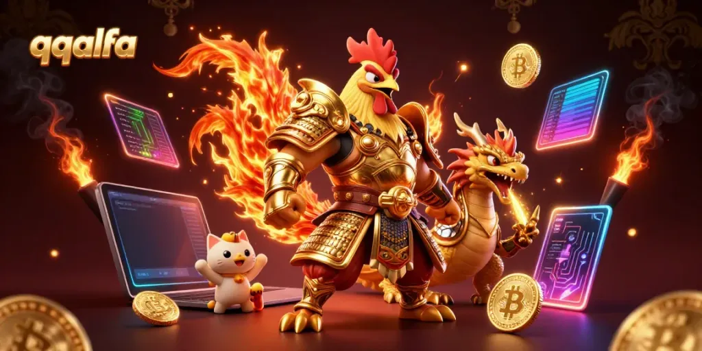 Bermain judi dengan qqalfa, ilustrasi digital kartun menunjukkan karakter ayam jantan pertempuran dan naga pada latar belakang kemewahan.