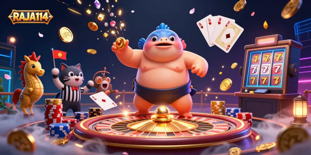 Engage with RAJA114 in an underwater casino scene featuring a blowfish sumo, referee catfish, and vibrant casino elements.