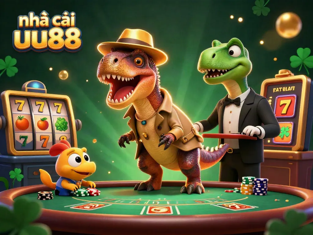 nhà cái uu88 showcases a 3D velociraptor card counter and friends in a vibrant casino scene.