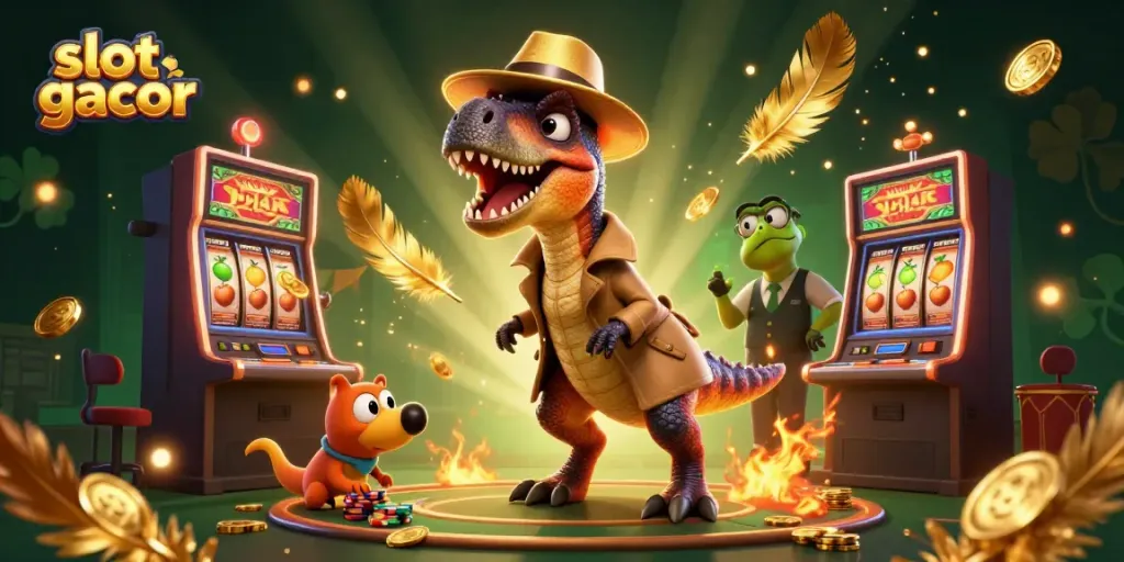 Gambarkan slot gacor dengan dinosaurus bermain mesin slot dan suasana kasino yang meriah.