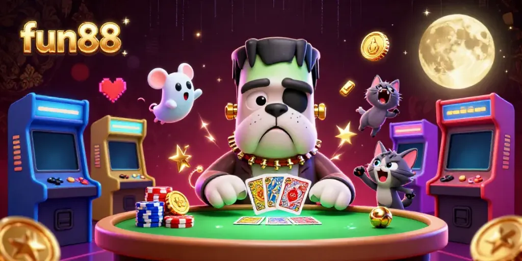 Experience fun88's energy with a lively casino scene, a Frankenbulldog dealer, and interactive game elements.