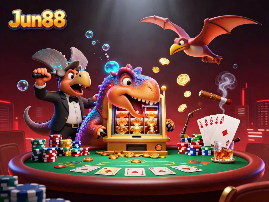 Jun88 scene with a cartoon dinosaur at a slot machine, showcasing dynamic casino action.