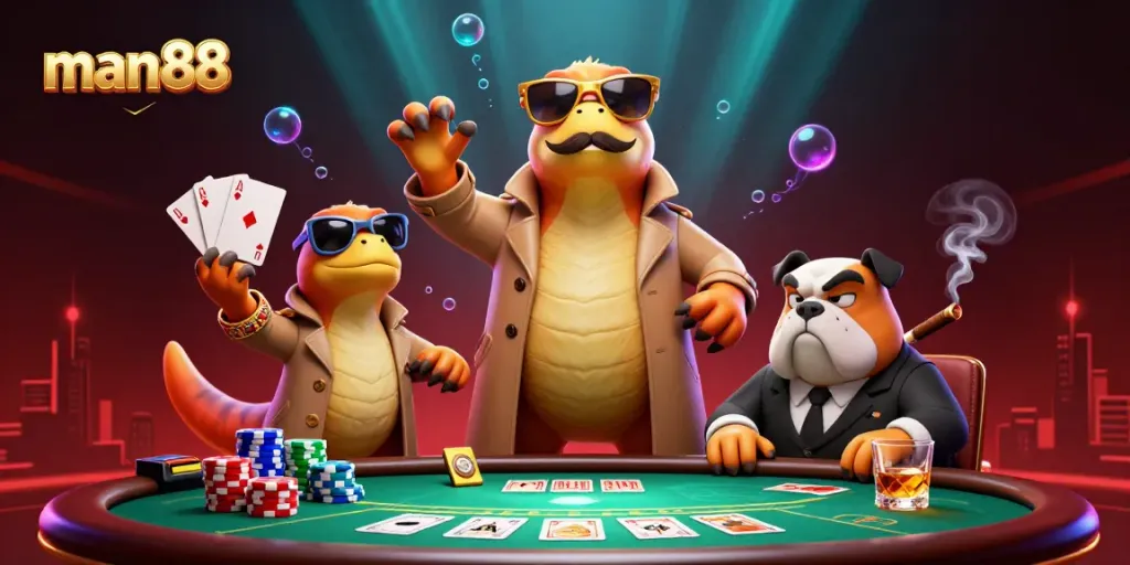 Experience exciting gameplay at man88 with raptors and a bulldog bouncer at a vibrant casino scene.