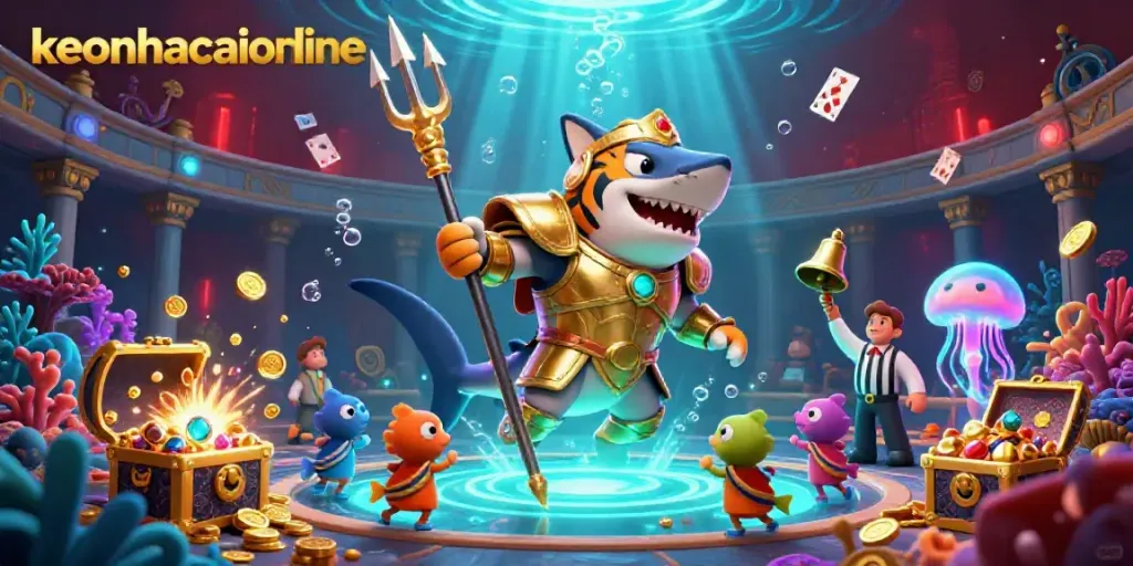 Engage with keonhacaionline's vibrant underwater gambling scene featuring a tiger shark and treasures.