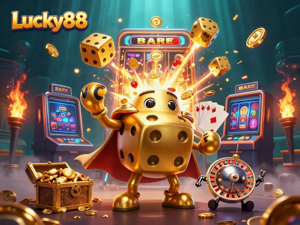 Experience the thrill of Lucky88 with vibrant golden dice and casino elements dancing in winning celebration.