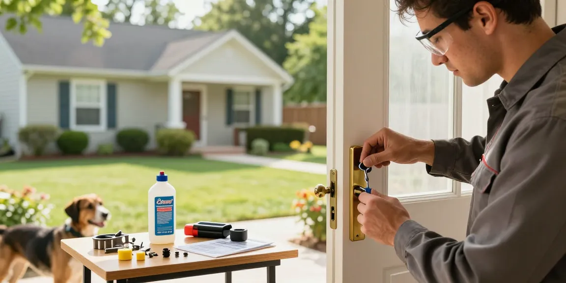 Lock Rekey Raleigh service by a professional locksmith carefully rekeying a door lock in a suburban home.